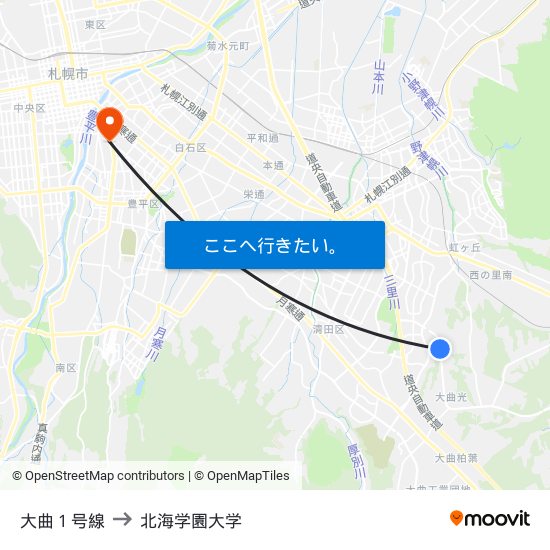 大曲１号線 to 北海学園大学 map