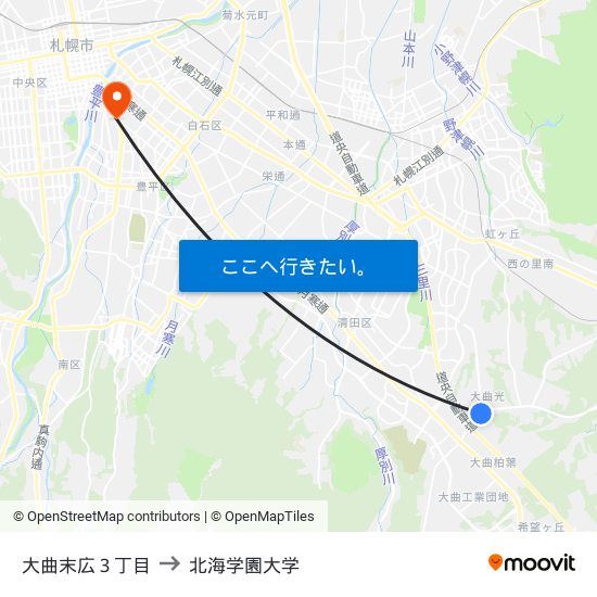 大曲末広３丁目 to 北海学園大学 map