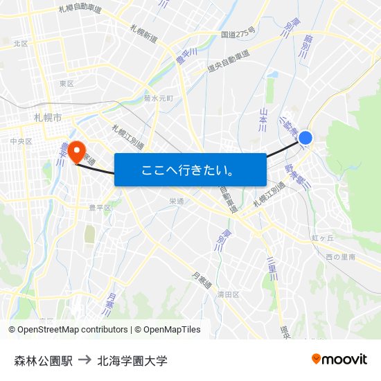 森林公園駅 to 北海学園大学 map