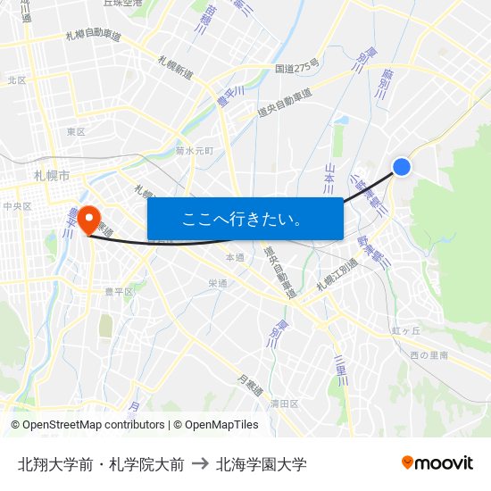 北翔大学前・札学院大前 to 北海学園大学 map