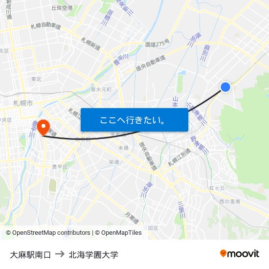 大麻駅南口 to 北海学園大学 map