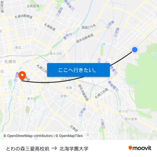 とわの森三愛高校前 to 北海学園大学 map