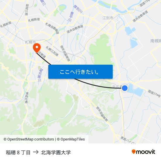 稲穂８丁目 to 北海学園大学 map