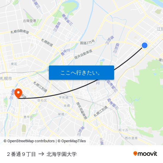 ２番通９丁目 to 北海学園大学 map