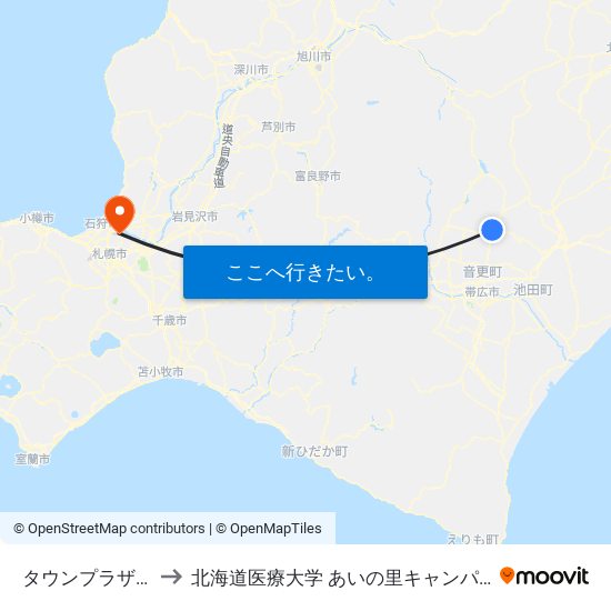 タウンプラザ前 to 北海道医療大学 あいの里キャンパス map