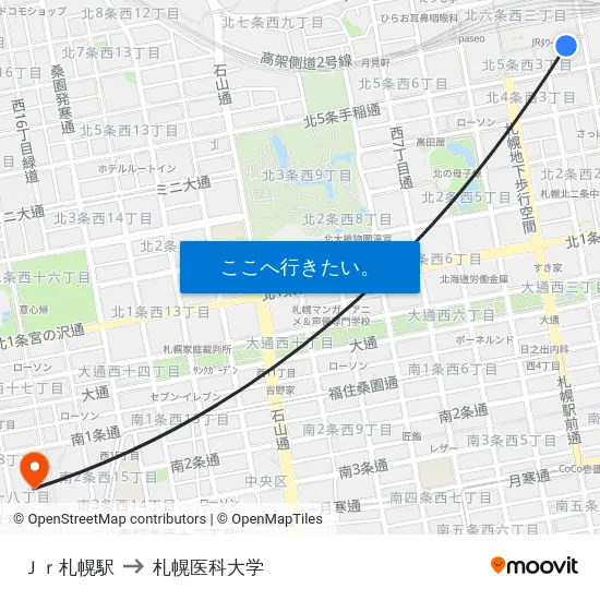 Ｊｒ札幌駅 to 札幌医科大学 map