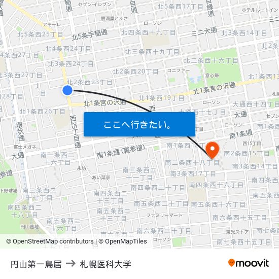 円山第一鳥居 to 札幌医科大学 map