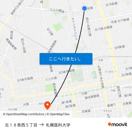 北１８条西５丁目 to 札幌医科大学 map