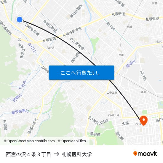 西宮の沢４条３丁目 to 札幌医科大学 map