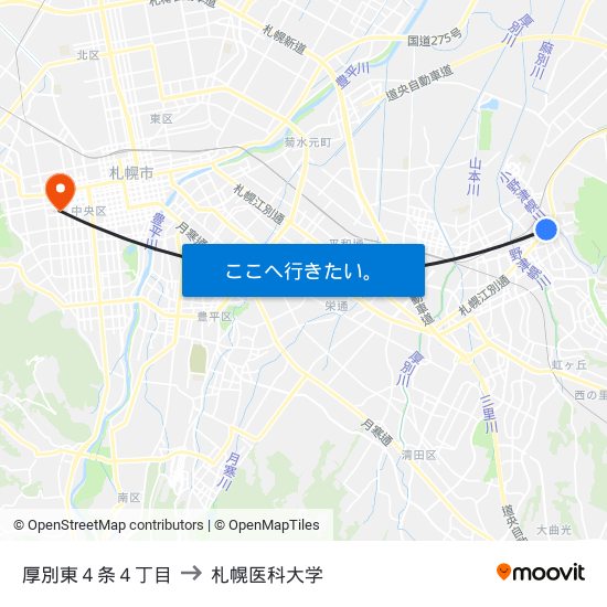 厚別東４条４丁目 to 札幌医科大学 map