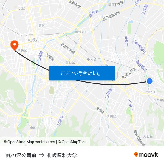 熊の沢公園前 to 札幌医科大学 map