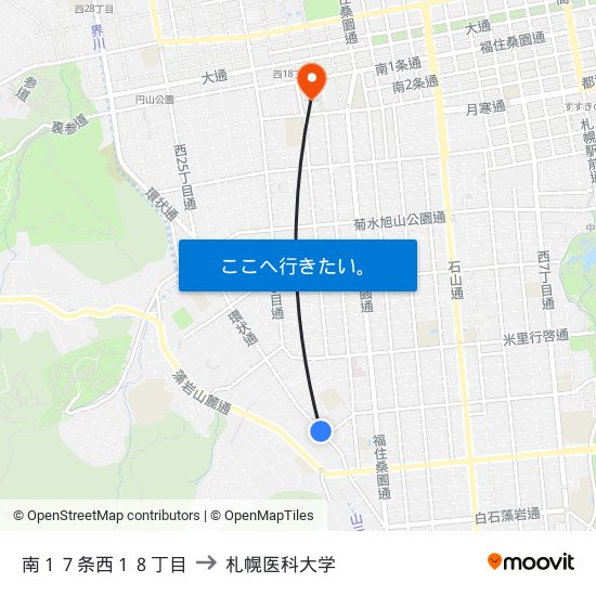 南１７条西１８丁目 to 札幌医科大学 map