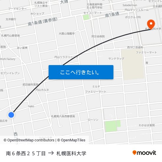 南６条西２５丁目 to 札幌医科大学 map