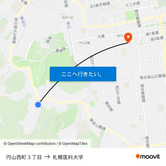 円山西町３丁目 to 札幌医科大学 map