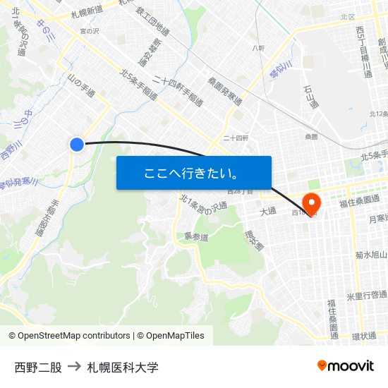 西野二股 to 札幌医科大学 map