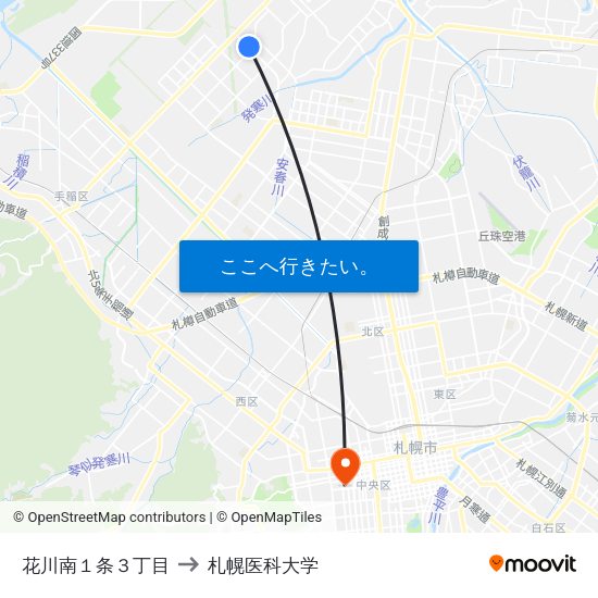 花川南１条３丁目 to 札幌医科大学 map