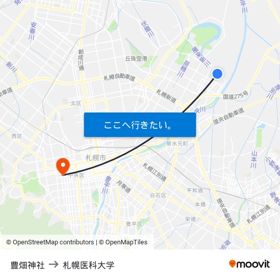 豊畑神社 to 札幌医科大学 map