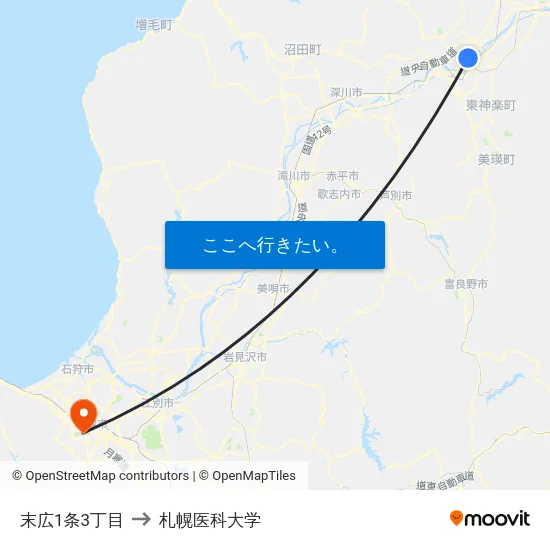 末広1条3丁目 to 札幌医科大学 map