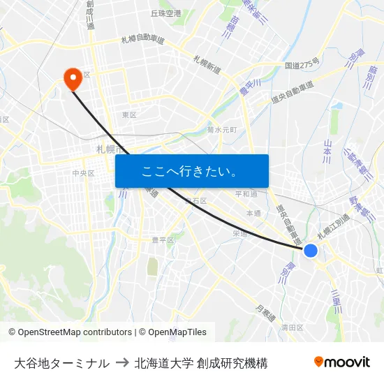 大谷地ターミナル to 北海道大学 創成研究機構 map