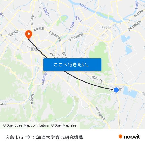 広島市街 to 北海道大学 創成研究機構 map