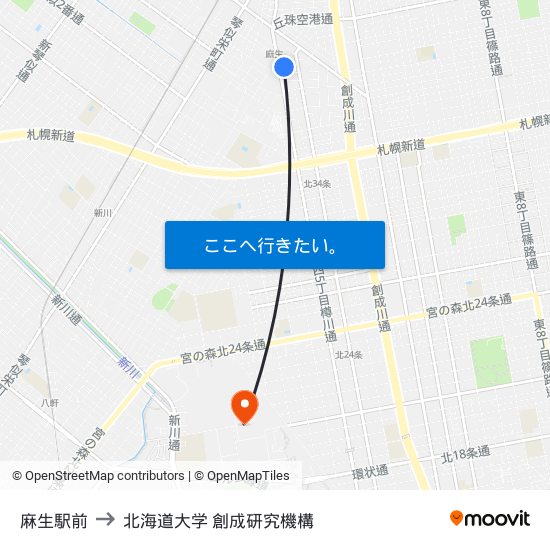 麻生駅前 to 北海道大学 創成研究機構 map