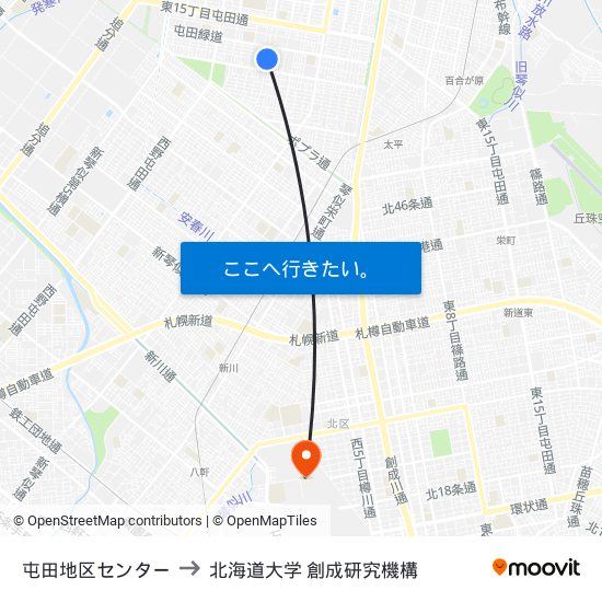 屯田地区センター to 北海道大学 創成研究機構 map