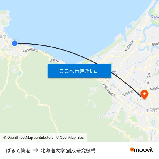 ぱるて築港 to 北海道大学 創成研究機構 map