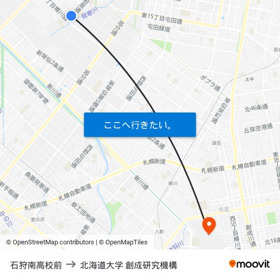 石狩南高校前 to 北海道大学 創成研究機構 map