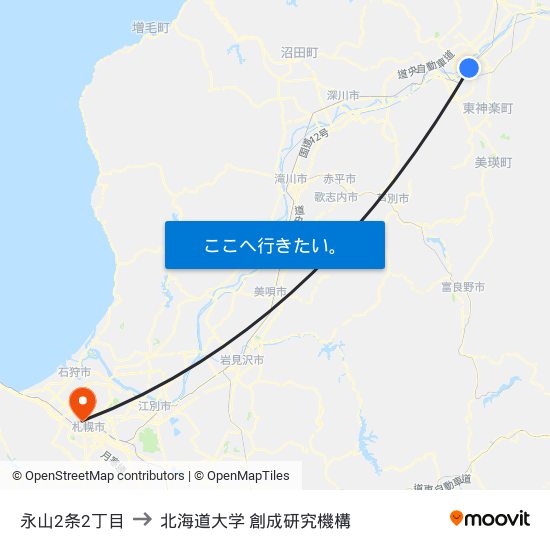 永山2条2丁目 to 北海道大学 創成研究機構 map