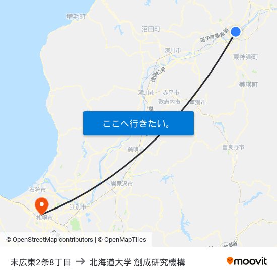 末広東2条8丁目 to 北海道大学 創成研究機構 map