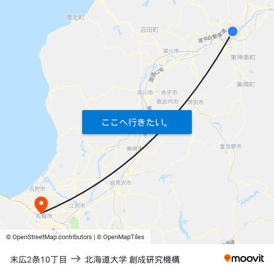 末広2条10丁目 to 北海道大学 創成研究機構 map