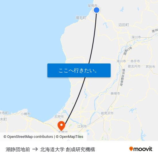 潮静団地前 to 北海道大学 創成研究機構 map