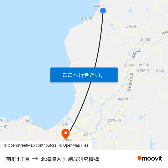 南町4丁目 to 北海道大学 創成研究機構 map