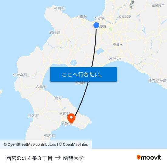 西宮の沢４条３丁目 to 函館大学 map