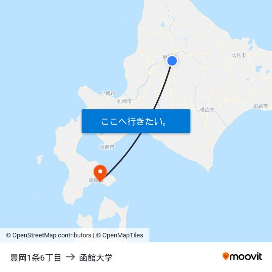 豊岡1条6丁目 to 函館大学 map