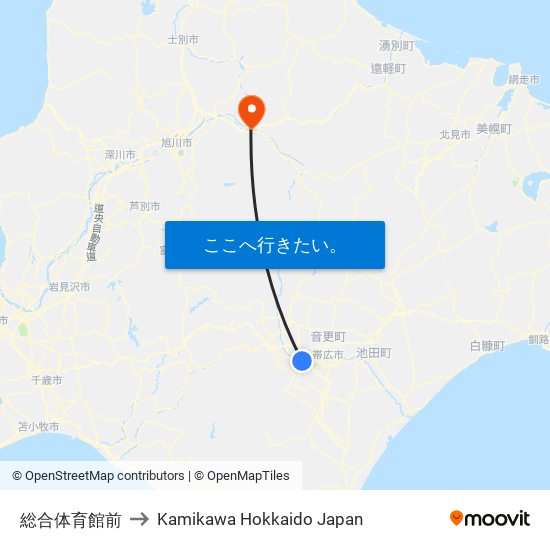 総合体育館前 to Kamikawa Hokkaido Japan map