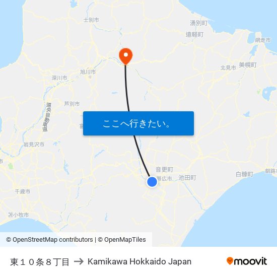 東１０条８丁目 to Kamikawa Hokkaido Japan map