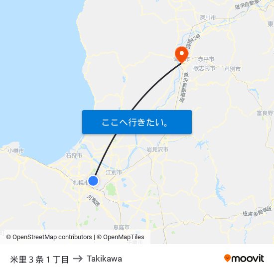 米里３条１丁目 to Takikawa map