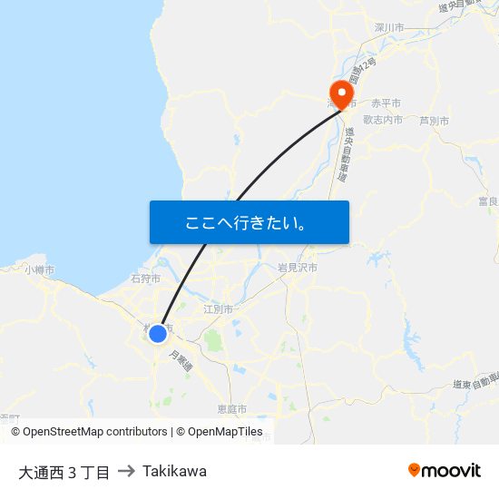 大通西３丁目 to Takikawa map