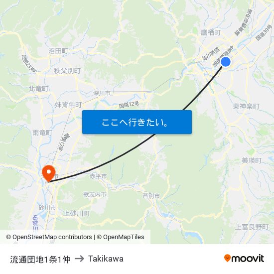 流通団地1条1仲 to Takikawa map