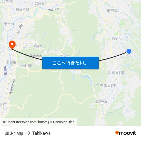 美沢16線 to Takikawa map