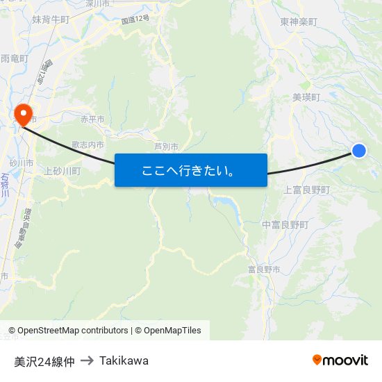 美沢24線仲 to Takikawa map