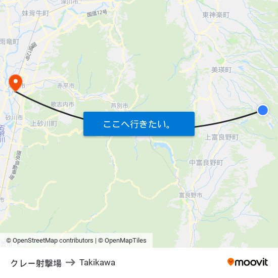 クレー射撃場 to Takikawa map