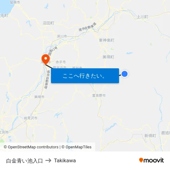 白金青い池入口 to Takikawa map