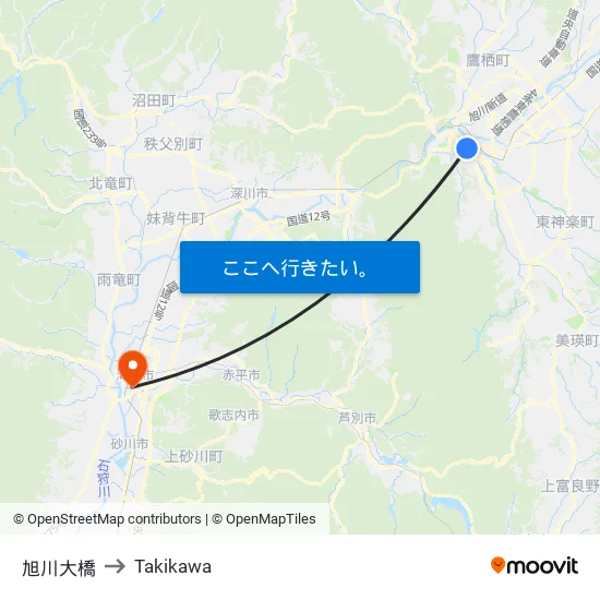旭川大橋 to Takikawa map