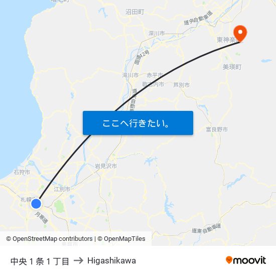 中央１条１丁目 to Higashikawa map