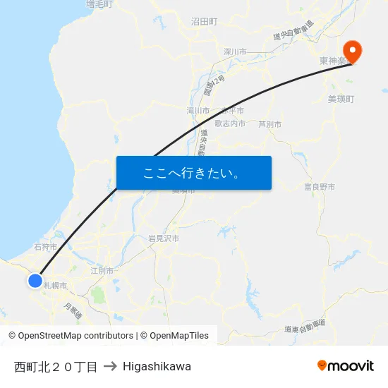 西町北２０丁目 to Higashikawa map