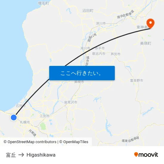 富丘 to Higashikawa map