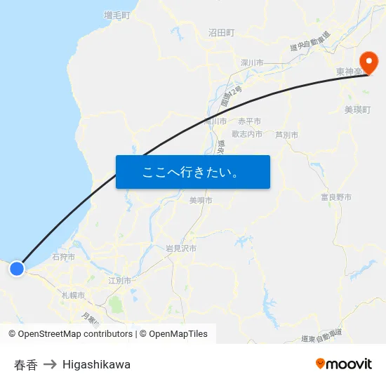 春香 to Higashikawa map