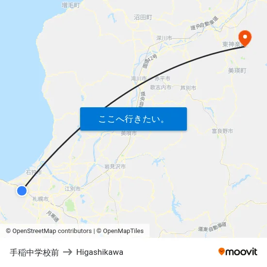 手稲中学校前 to Higashikawa map